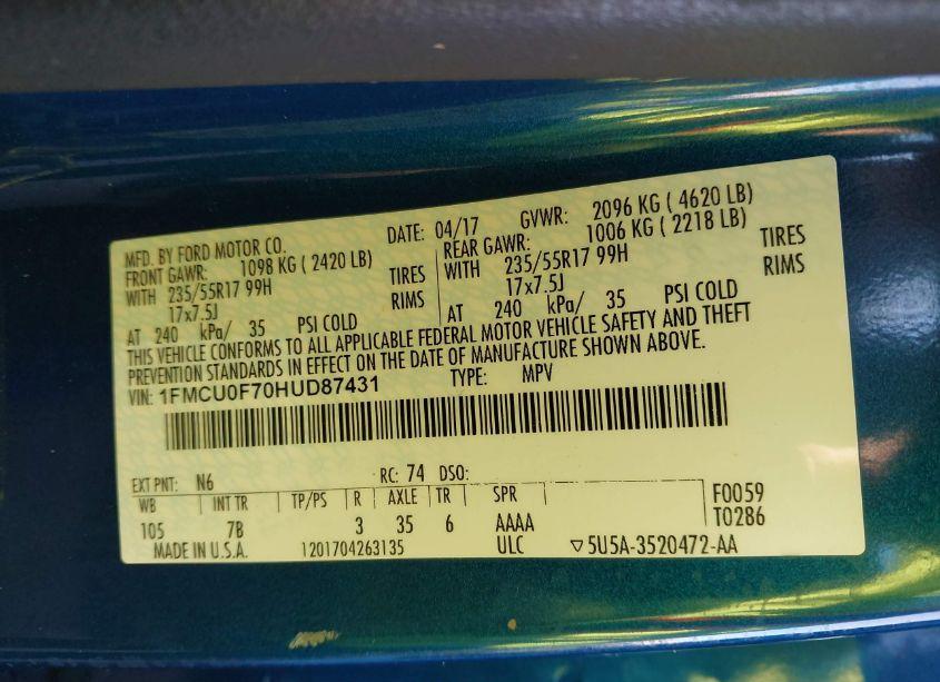 Photo 9 of 2017 Ford Escape S (VIN 1FMCU0F70HUD87431)