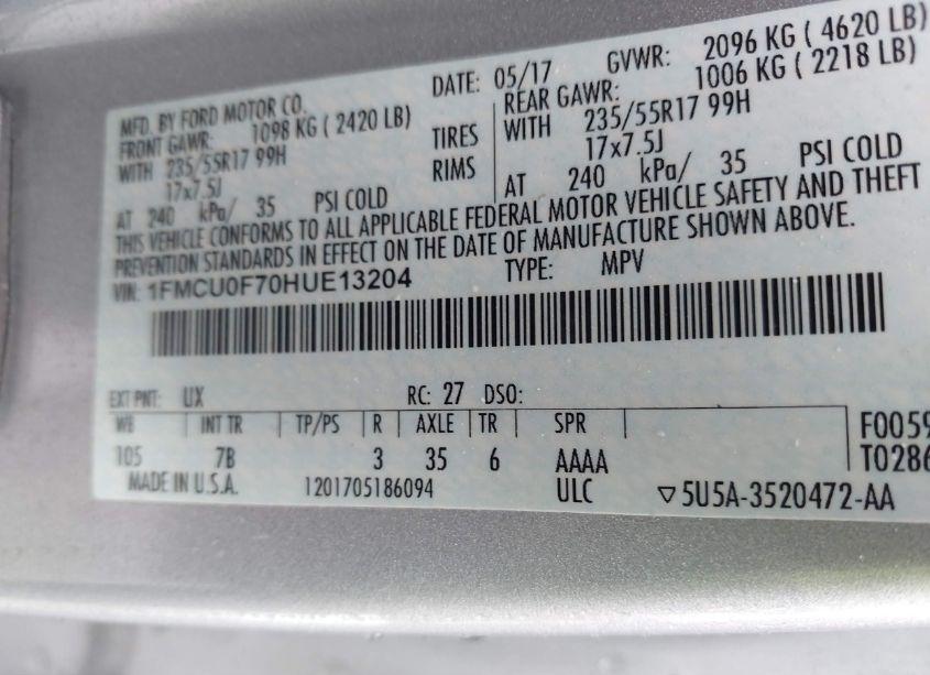 Photo 9 of 2017 Ford Escape S (VIN 1FMCU0F70HUE13204)