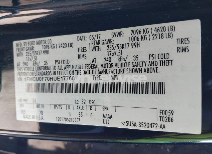 Photo 9 of 2017 Ford Escape S (VIN 1FMCU0F70HUE17768)