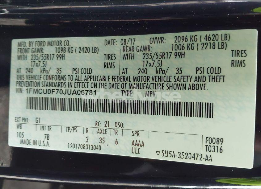 Photo 9 of 2018 Ford Escape S (VIN 1FMCU0F70JUA06781)