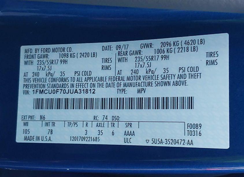 Photo 9 of 2018 Ford Escape S (VIN 1FMCU0F70JUA31812)