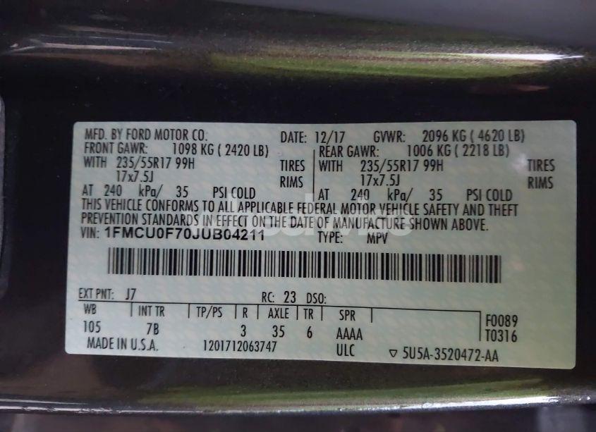 Photo 9 of 2018 Ford Escape S (VIN 1FMCU0F70JUB04211)