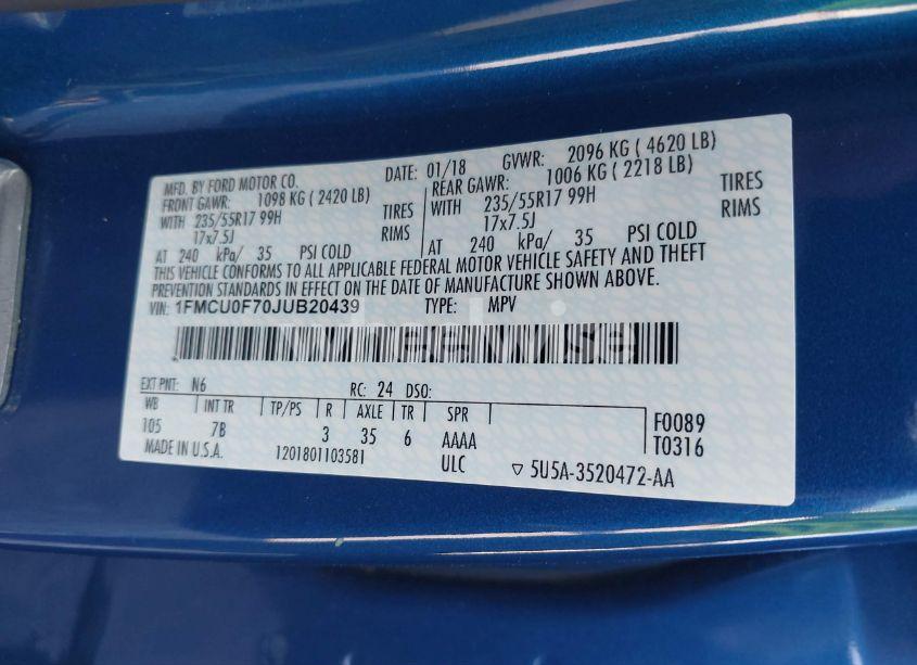 Photo 9 of 2018 Ford Escape S (VIN 1FMCU0F70JUB20439)