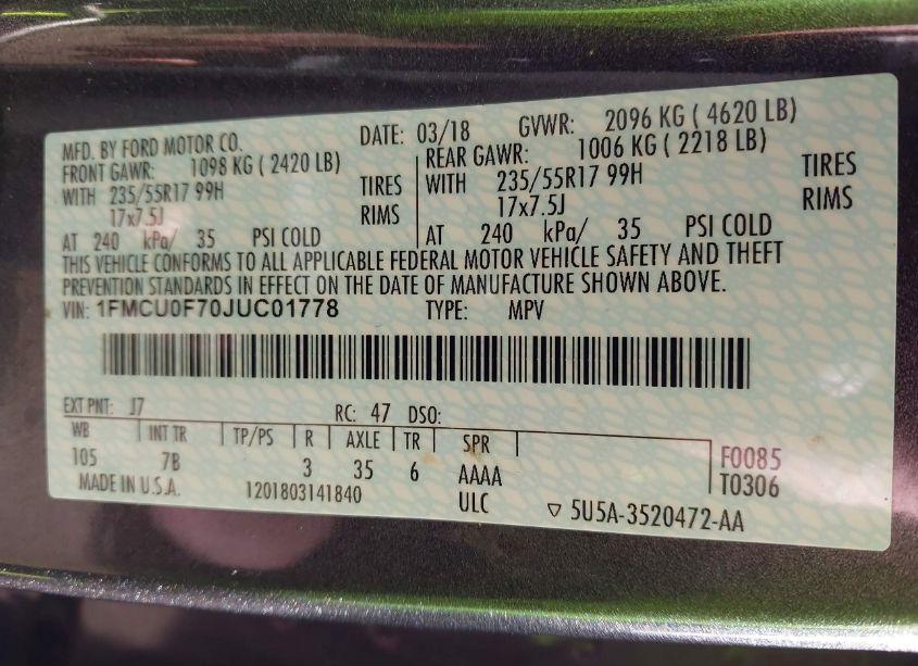 Photo 9 of 2018 Ford Escape S (VIN 1FMCU0F70JUC01778)