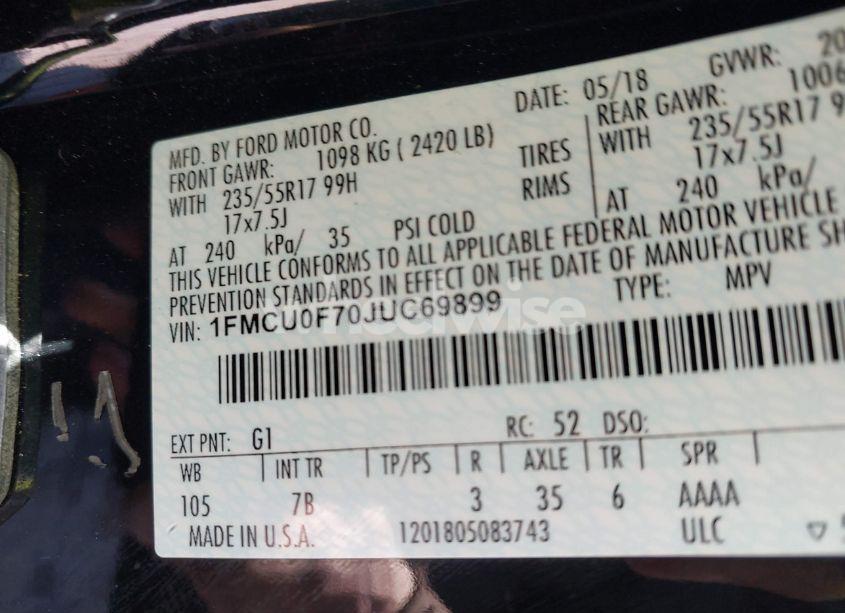 Photo 9 of 2018 Ford Escape S (VIN 1FMCU0F70JUC69899)