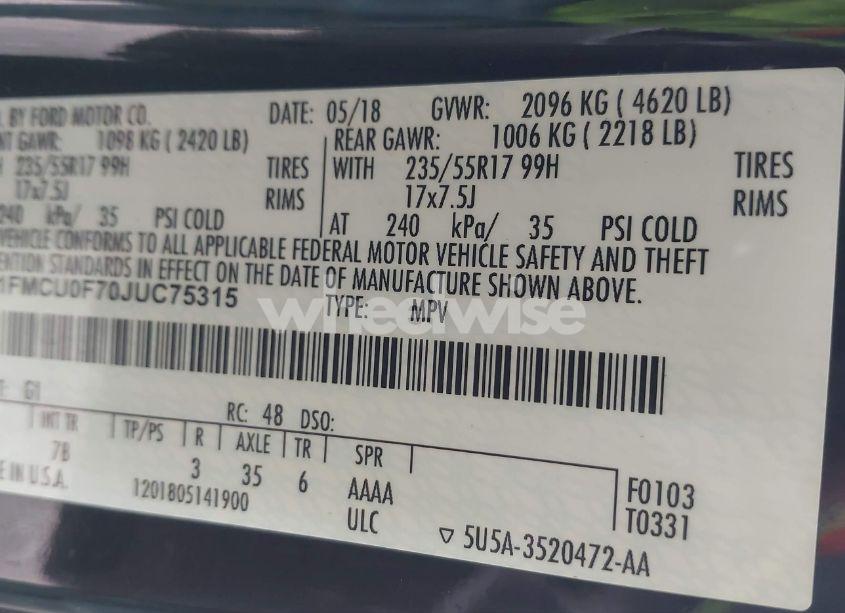 Photo 9 of 2018 Ford Escape S (VIN 1FMCU0F70JUC75315)