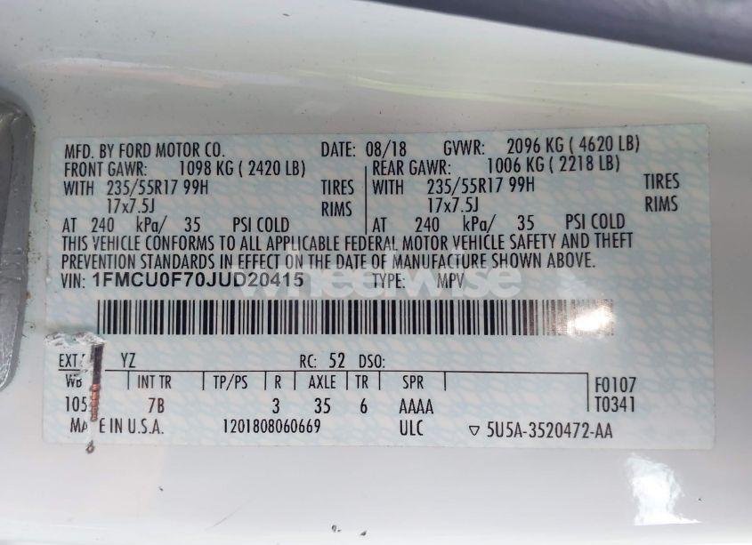 Photo 9 of 2018 Ford Escape S (VIN 1FMCU0F70JUD20415)