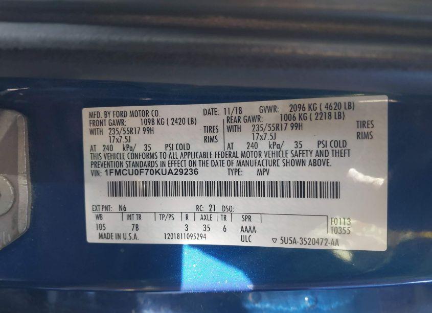 Photo 9 of 2019 Ford Escape S (VIN 1FMCU0F70KUA29236)