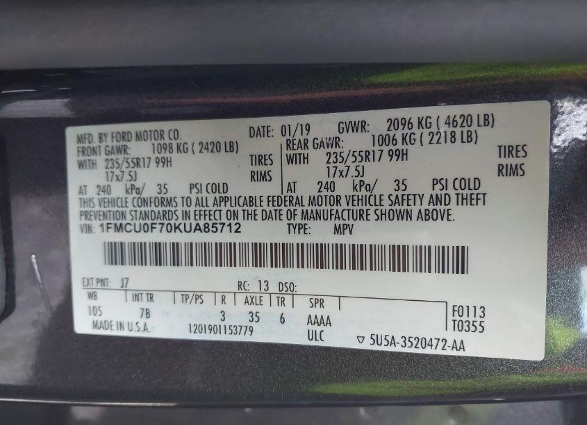 Photo 9 of 2019 Ford Escape S (VIN 1FMCU0F70KUA85712)