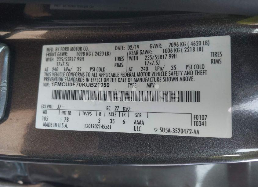 Photo 9 of 2019 Ford Escape S (VIN 1FMCU0F70KUB21950)