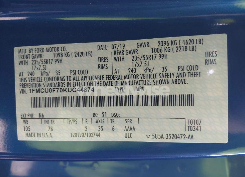 Photo 9 of 2019 Ford Escape S (VIN 1FMCU0F70KUC44874)