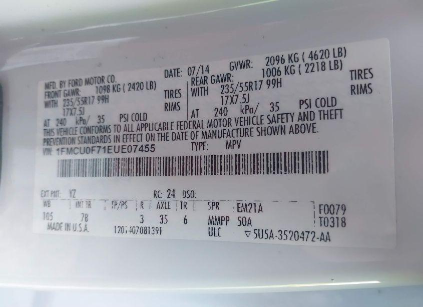 Photo 9 of 2014 Ford Escape S (VIN 1FMCU0F71EUE07455)