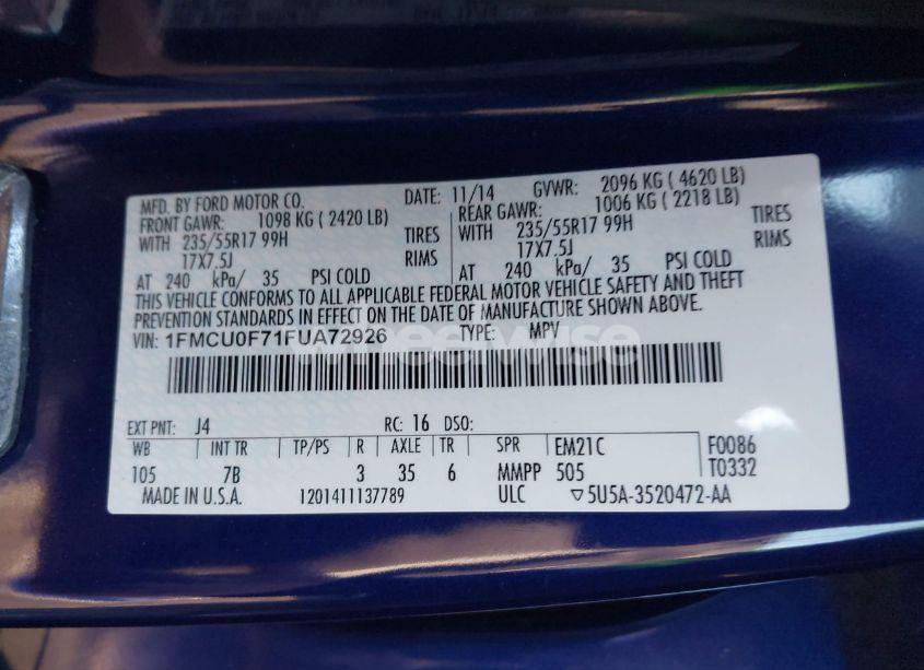 Photo 9 of 2015 Ford Escape S (VIN 1FMCU0F71FUA72926)