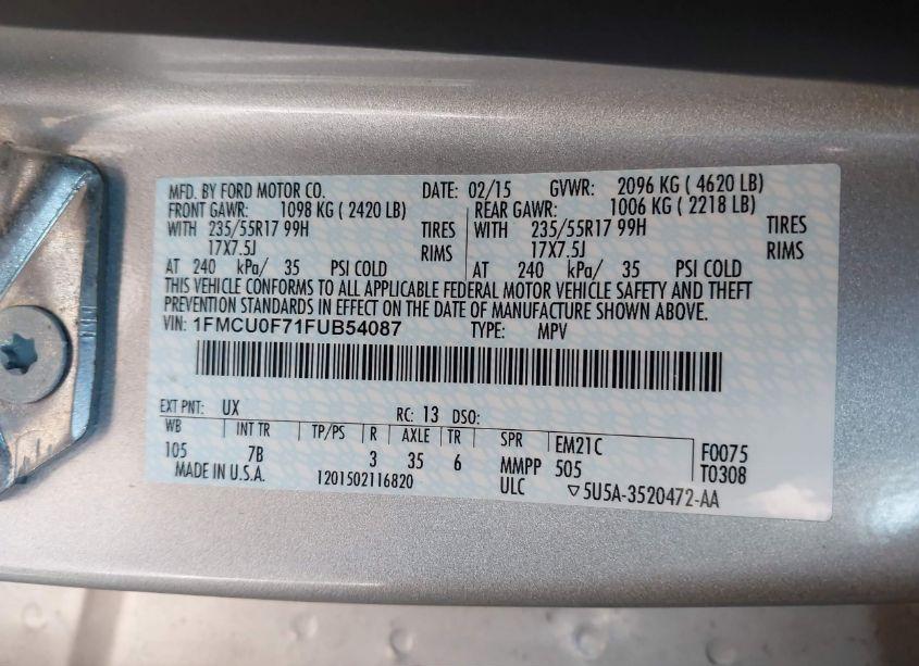 Photo 9 of 2015 Ford Escape S (VIN 1FMCU0F71FUB54087)