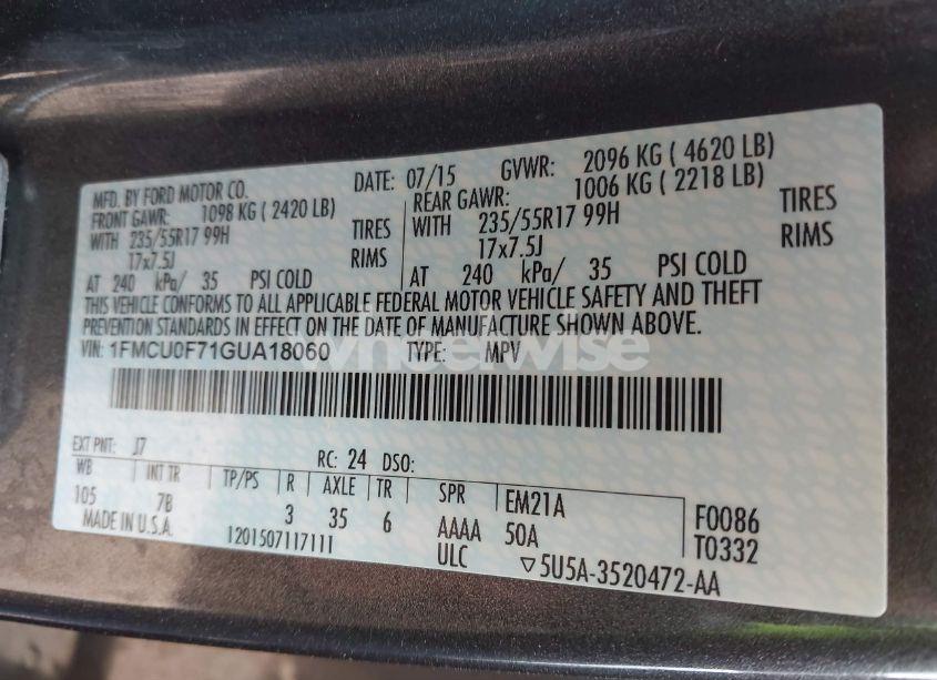 Photo 9 of 2016 Ford Escape S (VIN 1FMCU0F71GUA18060)