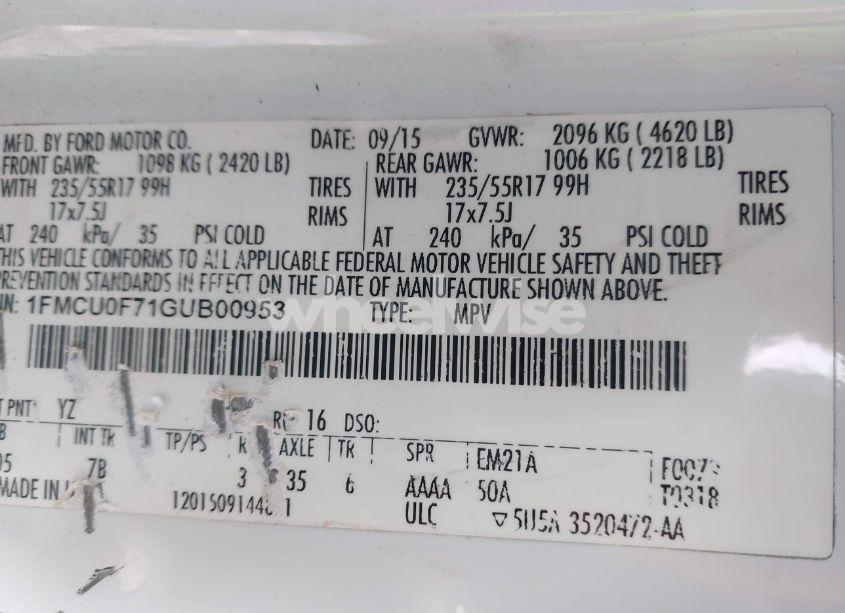 Photo 9 of 2016 Ford Escape S (VIN 1FMCU0F71GUB00953)