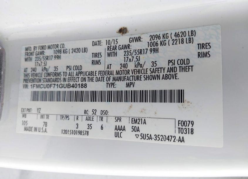 Photo 9 of 2016 Ford Escape S (VIN 1FMCU0F71GUB40188)