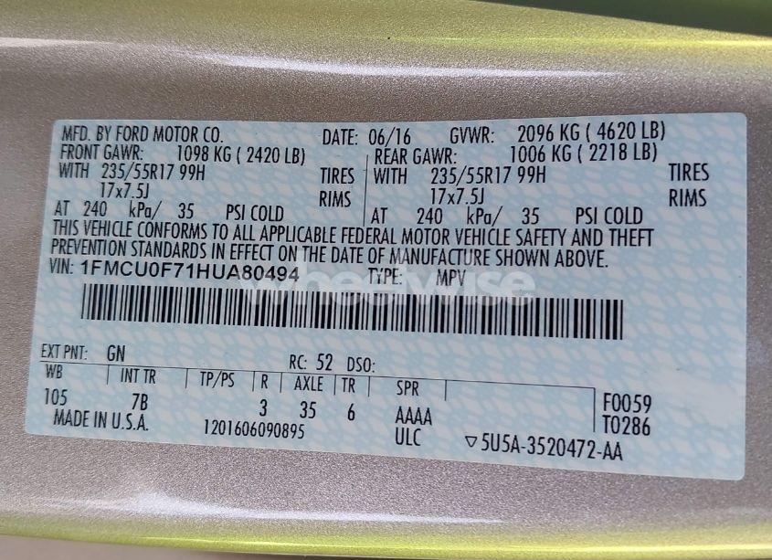 Photo 9 of 2017 Ford Escape S (VIN 1FMCU0F71HUA80494)