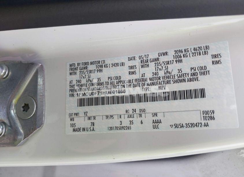 Photo 9 of 2017 Ford Escape S (VIN 1FMCU0F71HUE01868)