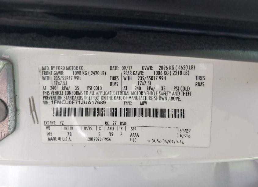 Photo 9 of 2018 Ford Escape S (VIN 1FMCU0F71JUA17689)