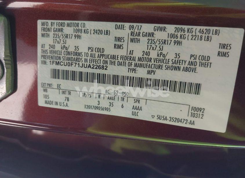 Photo 9 of 2018 Ford Escape S (VIN 1FMCU0F71JUA22682)