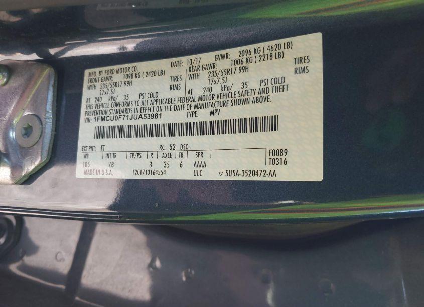 Photo 9 of 2018 Ford Escape S (VIN 1FMCU0F71JUA53981)