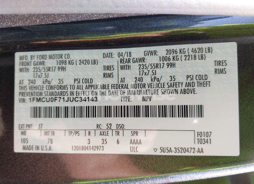 Photo 9 of 2018 Ford Escape S (VIN 1FMCU0F71JUC34143)