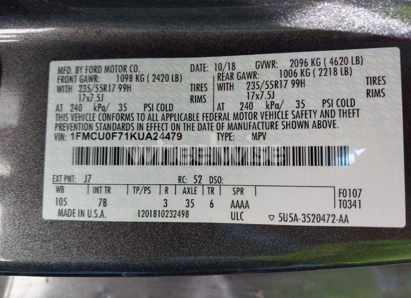 Photo 9 of 2019 Ford Escape S (VIN 1FMCU0F71KUA24479)