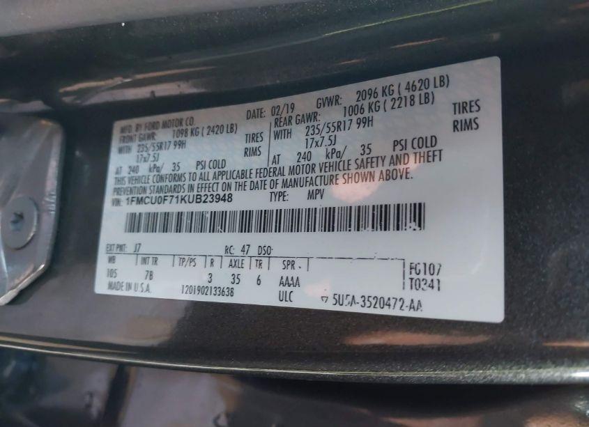 Photo 9 of 2019 Ford Escape S (VIN 1FMCU0F71KUB23948)