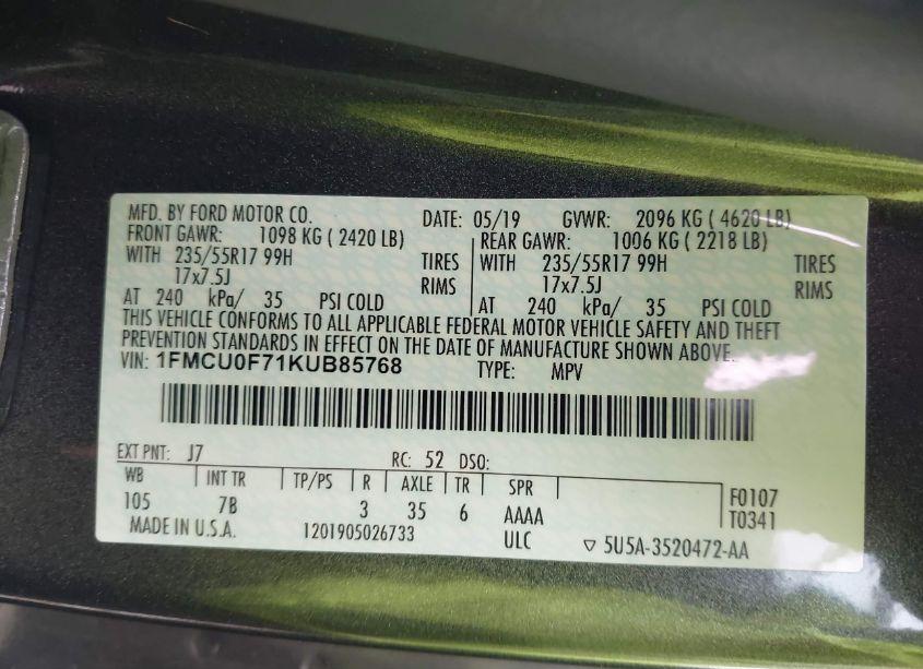 Photo 9 of 2019 Ford Escape S (VIN 1FMCU0F71KUB85768)