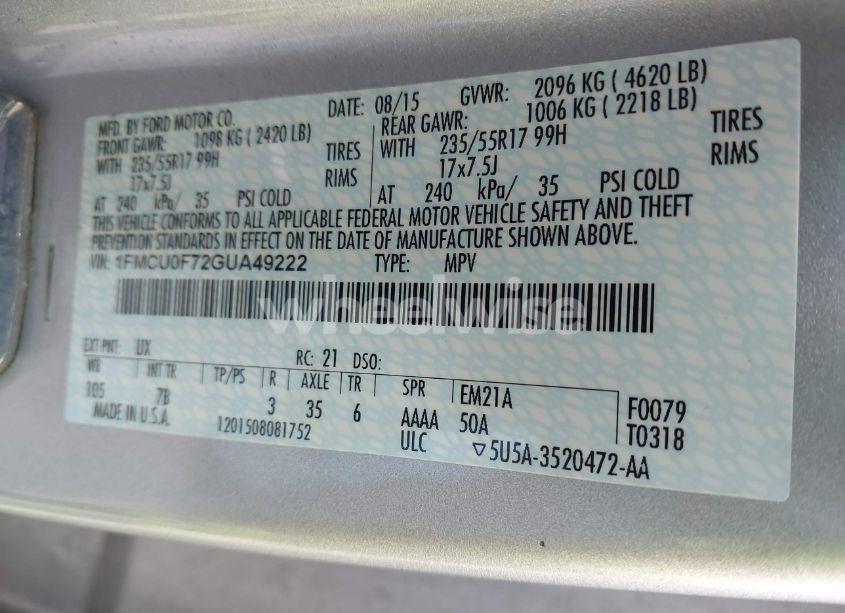 Photo 9 of 2016 Ford Escape S (VIN 1FMCU0F72GUA49222)