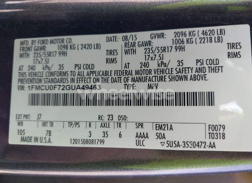 Photo 9 of 2016 Ford Escape S (VIN 1FMCU0F72GUA49463)