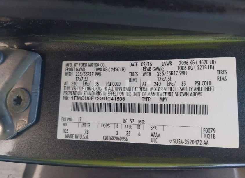 Photo 9 of 2016 Ford Escape S (VIN 1FMCU0F72GUC41806)