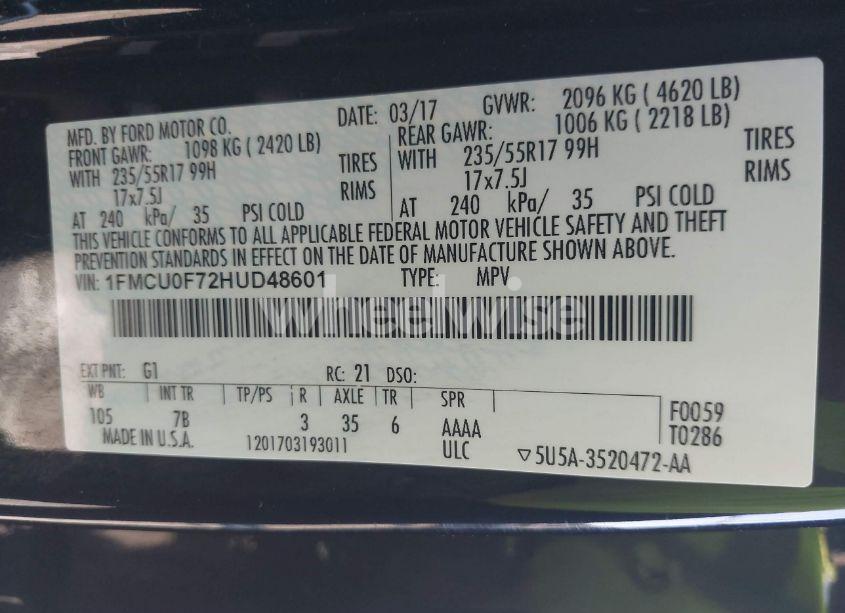 Photo 9 of 2017 Ford Escape S (VIN 1FMCU0F72HUD48601)