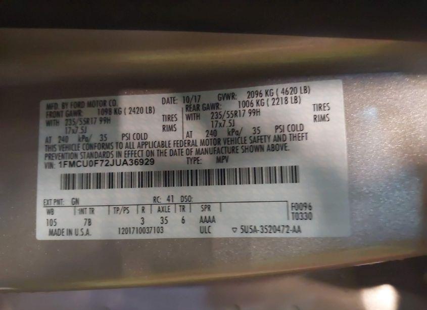 Photo 9 of 2018 Ford Escape S (VIN 1FMCU0F72JUA36929)