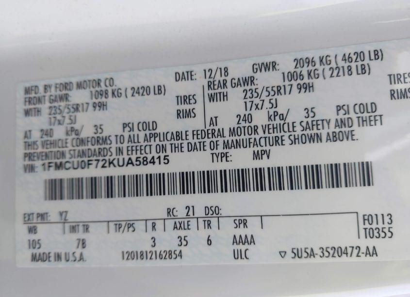 Photo 9 of 2019 Ford Escape S (VIN 1FMCU0F72KUA58415)