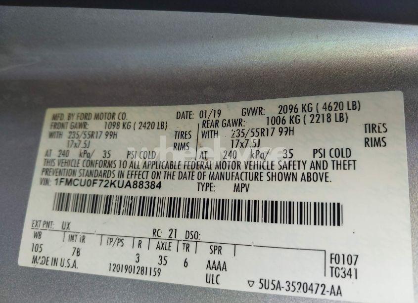 Photo 9 of 2019 Ford Escape S (VIN 1FMCU0F72KUA88384)