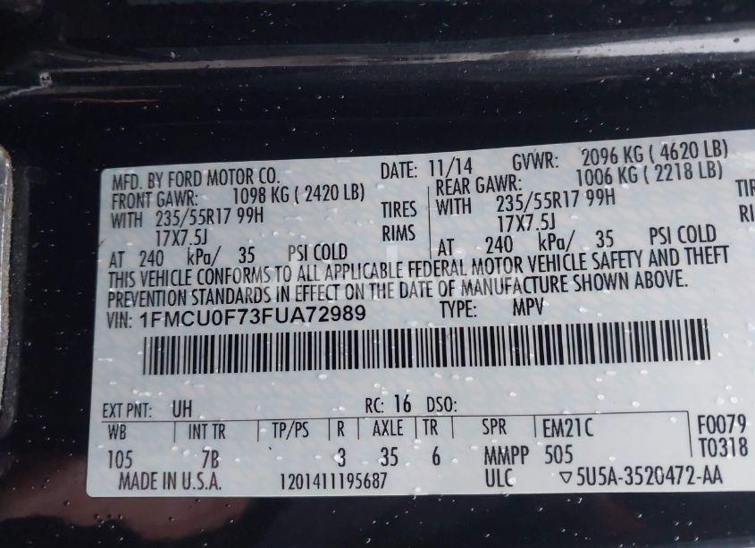 Photo 9 of 2015 Ford Escape S (VIN 1FMCU0F73FUA72989)