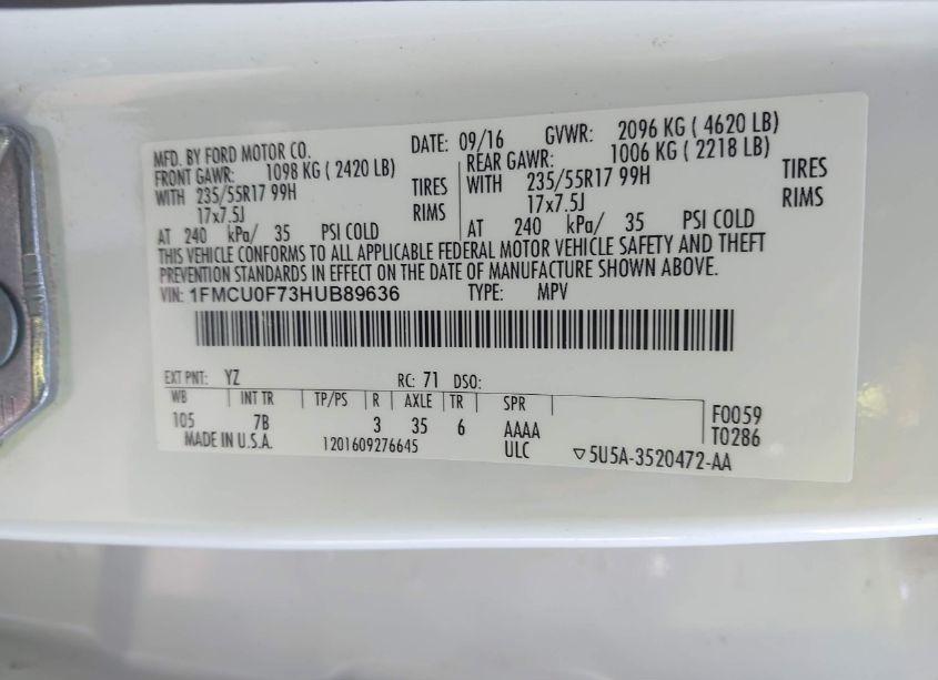 Photo 9 of 2017 Ford Escape S (VIN 1FMCU0F73HUB89636)