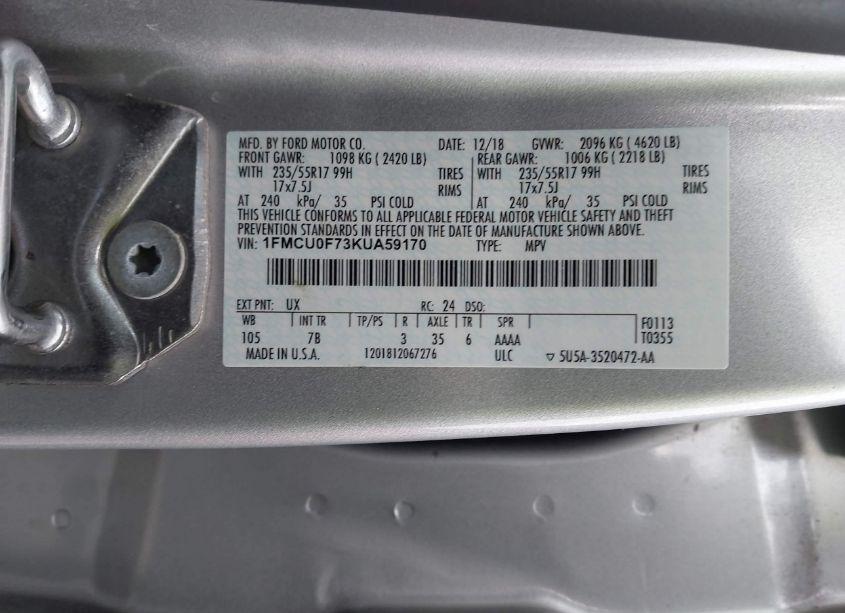 Photo 9 of 2019 Ford Escape S (VIN 1FMCU0F73KUA59170)