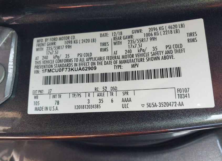 Photo 9 of 2019 Ford Escape S (VIN 1FMCU0F73KUA62909)