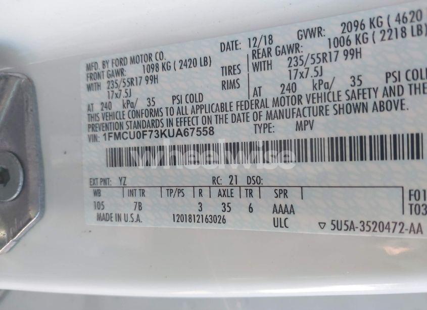 Photo 9 of 2019 Ford Escape S (VIN 1FMCU0F73KUA67558)