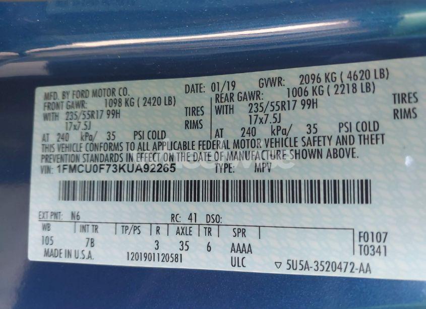 Photo 9 of 2019 Ford Escape S (VIN 1FMCU0F73KUA92265)