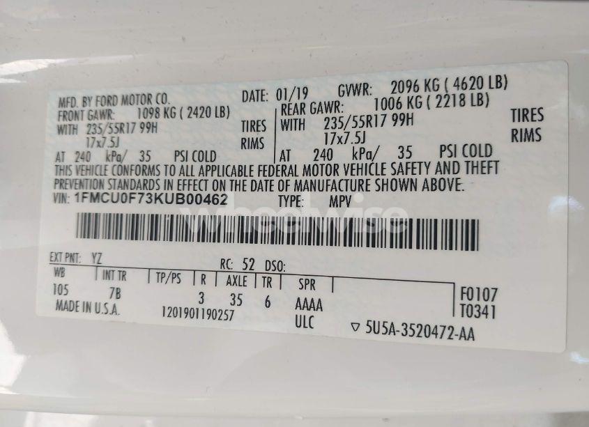 Photo 9 of 2019 Ford Escape S (VIN 1FMCU0F73KUB00462)