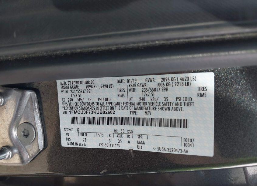 Photo 9 of 2019 Ford Escape S (VIN 1FMCU0F73KUB02602)