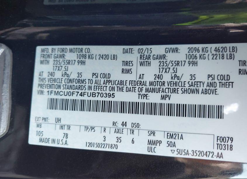 Photo 9 of 2015 Ford Escape S (VIN 1FMCU0F74FUB70395)