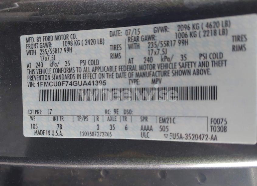 Photo 9 of 2016 Ford Escape S (VIN 1FMCU0F74GUA41395)