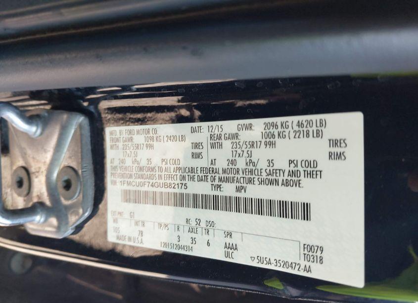 Photo 9 of 2016 Ford Escape S (VIN 1FMCU0F74GUB82175)