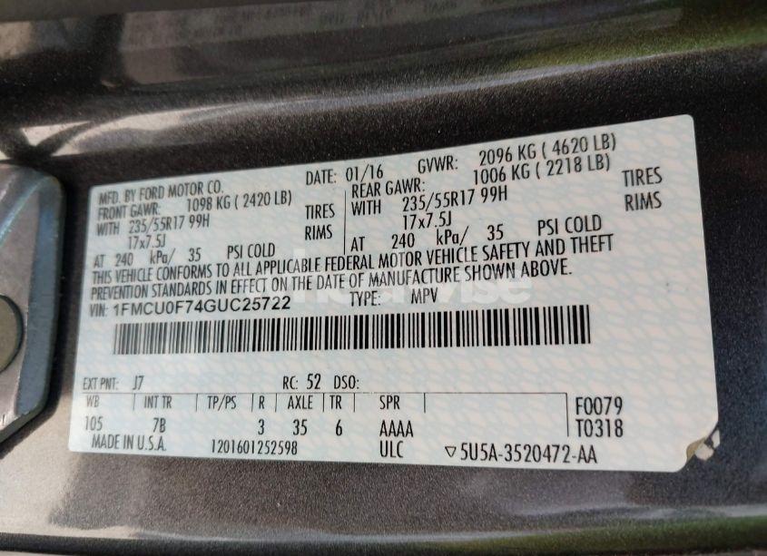 Photo 9 of 2016 Ford Escape S (VIN 1FMCU0F74GUC25722)