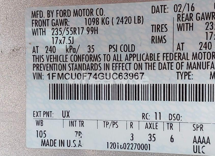 Photo 9 of 2016 Ford Escape S (VIN 1FMCU0F74GUC63967)